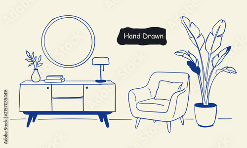 Hand drawn living room interior furniture set cozy home decor minimalist line art vector illustration