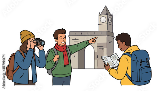 Diverse trio of tourists traveling together, backpackers sightseeing with scenic city clock tower in background