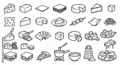 Cheese Doodle Hand Drawn Line Icon Set – Cheese Slices and Dairy Food Vector Collection