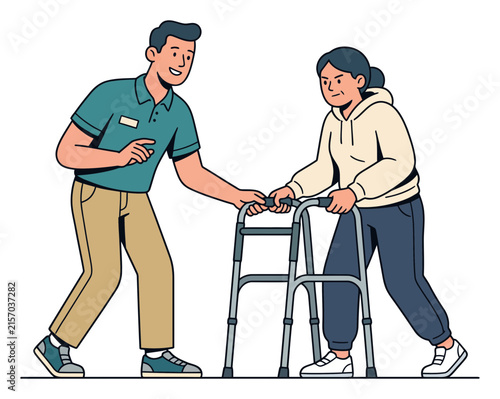 Nurse Helping Elderly Woman Walk With Walker Frame Illustration. Physical Therapy Patient Rehabilitation Chart Medical Care Graphic Vector Icon