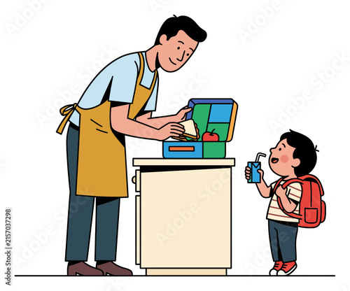 Father packing child's lunchbox at kitchen counter. Cute Asian dad making school breakfast for son. Family lifestyle interior vector illustration concept for school education.