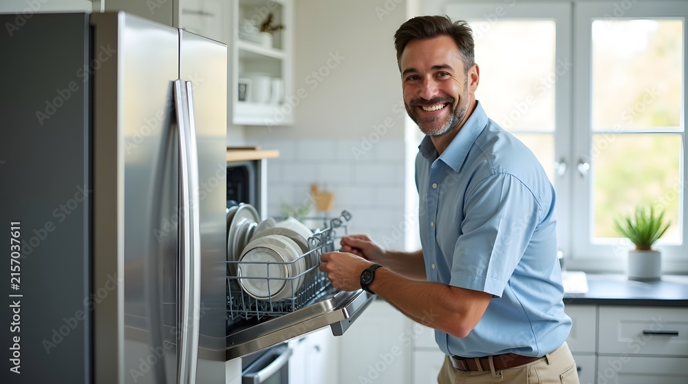 Fototapeta premium Smiling Caucasian man loading the dishwasher with clean dishes in a modern kitchen.