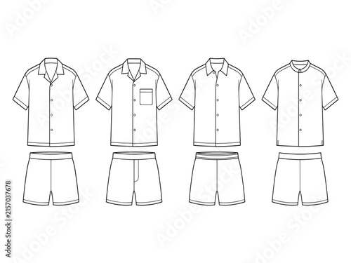 Set of men's short sleeve button up pajama set flat sketch vector illustration, various styles mens summer loungewear technical cad drawing template