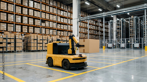 Fotografie Autonomous yellow robot vehicle moves brown cardboard package inside modern larg