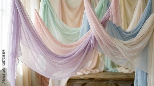 Colorful flowing fabric curtains in soft light.