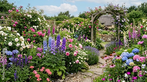 Colorful flower garden with blooming tulips and daffodils.