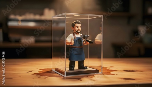 Miniature barista figurine standing inside a transparent display case in a cozy café setting, presenting a charming concept of coffee culture, hospitality, miniature art and professional service.