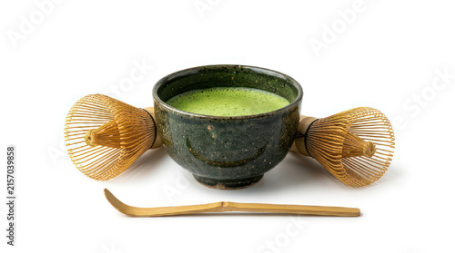Traditional Japanese Matcha Tea Ceremony Set with Whisk and Scoop.
