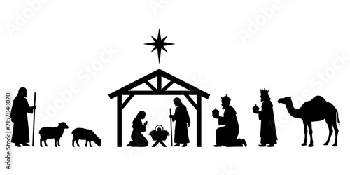 Foto Black silhouette of a nativity scene with holy family, three wise men, and anima