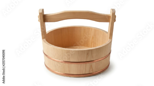 Wooden bucket with handle isolated on white background.