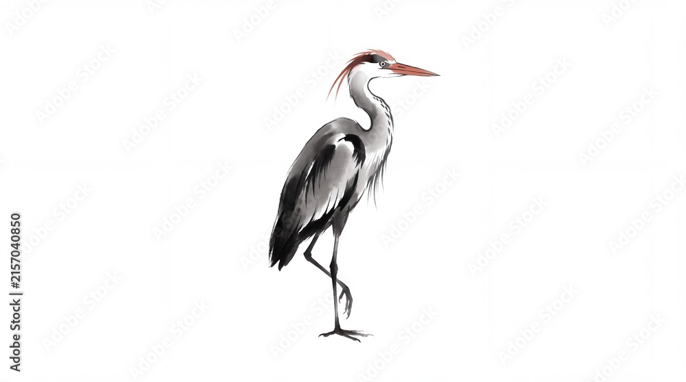 Fototapeta premium Elegant Grey Heron Ink Wash Painting