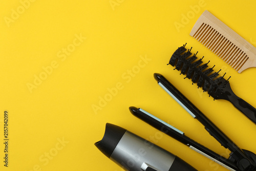 Set of hairdressing tools, top view. The concept of beauty
