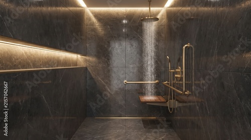 Inspect dark luxury accessible shower displaying flowing water wooden seat and illuminated wall niche