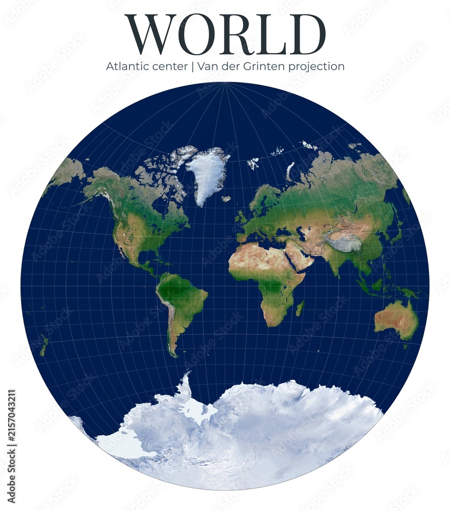 Fototapeta premium World Map. Van der Grinten projection. Atlantic-centered circular projection. High detail, physical representation of Earth.