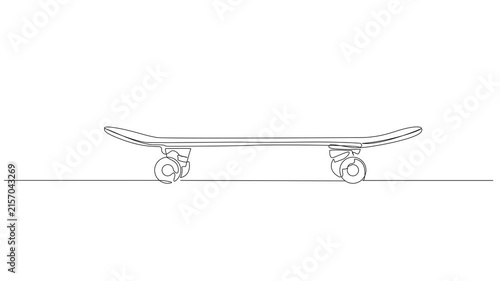 animated continuous line drawing of a skateboard, low angle side view, minimal line art animation