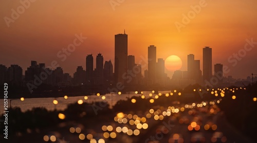 Summer sun blur golden hour hot sky at sunset with city rooftop view in the background fuzzy urban warm bright heat wave lights skyline heatwave bokeh for evening party. Generative AI 