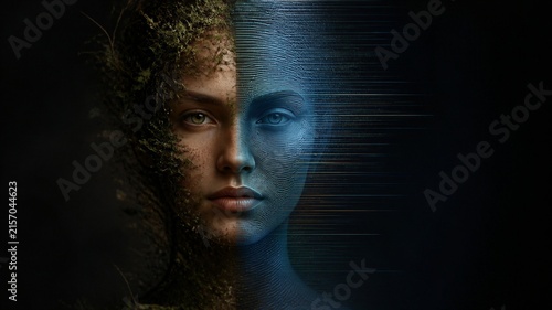 Close-up portrait of a woman merging with foliage and biometric digital lines.