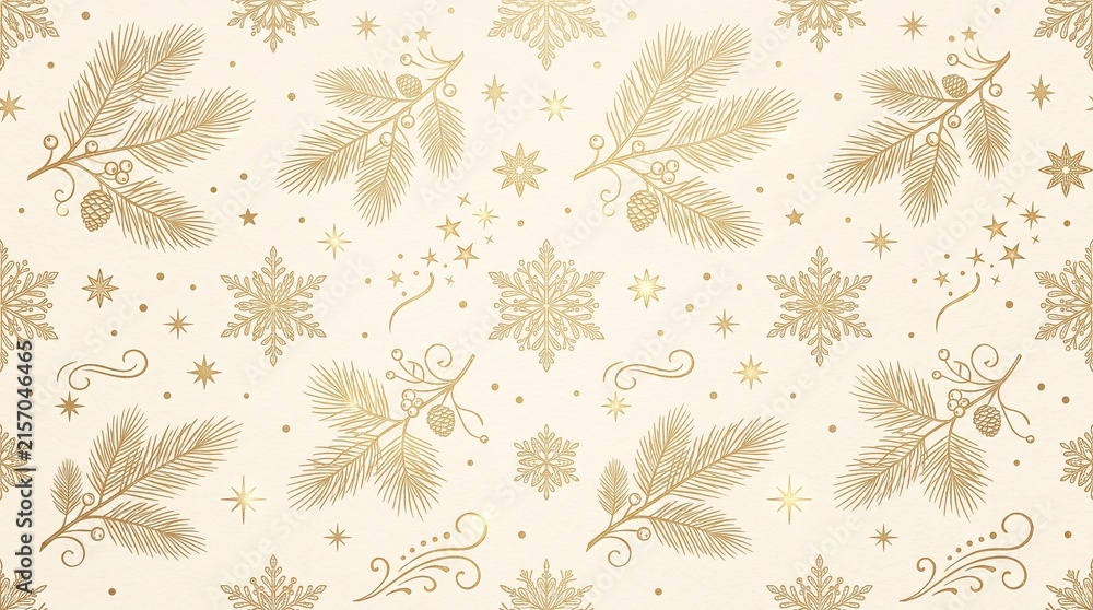 Elegant seamless winter holiday pattern with displays seamless festive pattern gold foil illustrations featuring pine branches cones shimmering stars textured cream background