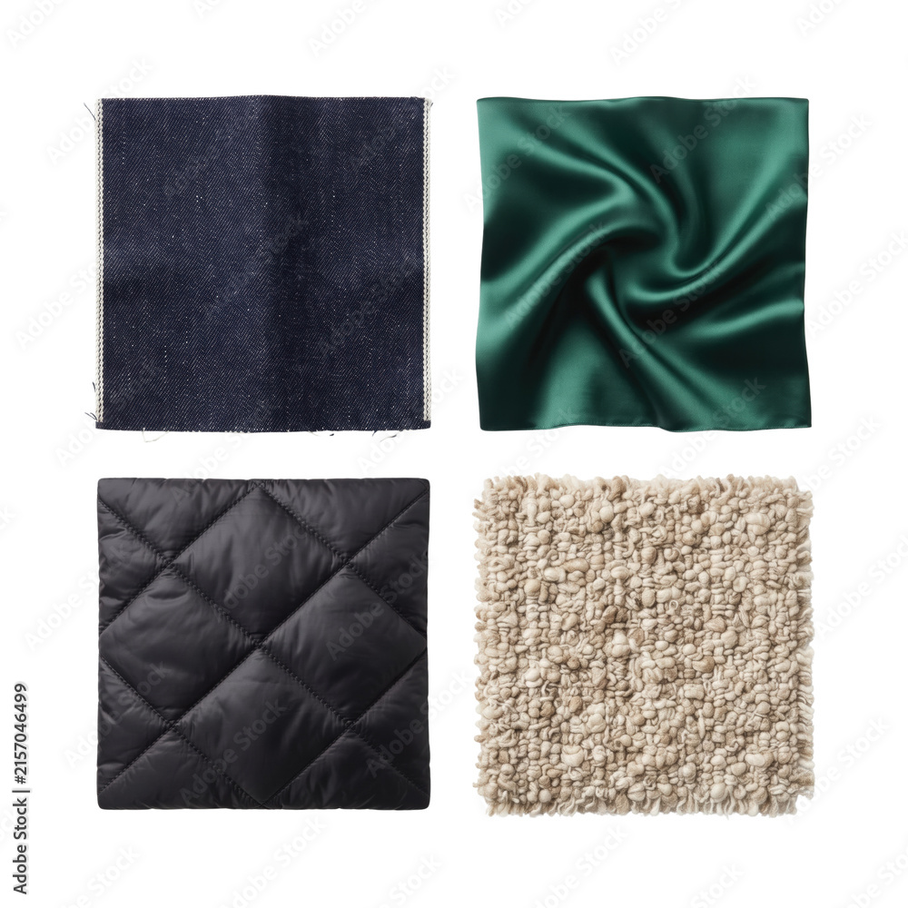 Naklejka premium Fabric material swatches in denim satin quilted bouclé