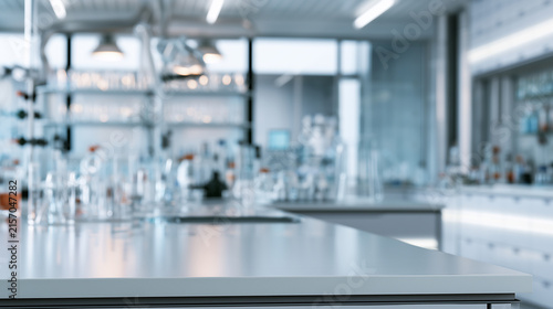 Modern laboratory interior with clean workbenches, glassware and scientific research equipment