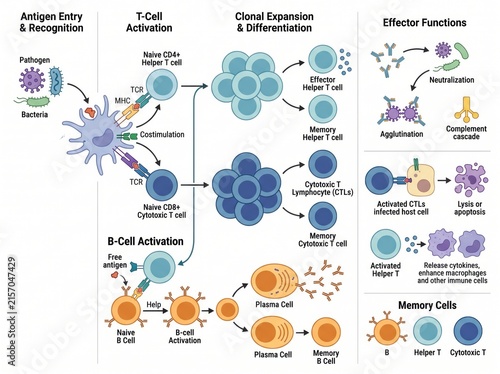 T-cell and b-cell immune response activation mechanism diagram with t cell b cell mediated activation immunology lymphocyte differentiation antibody response molecular receptors