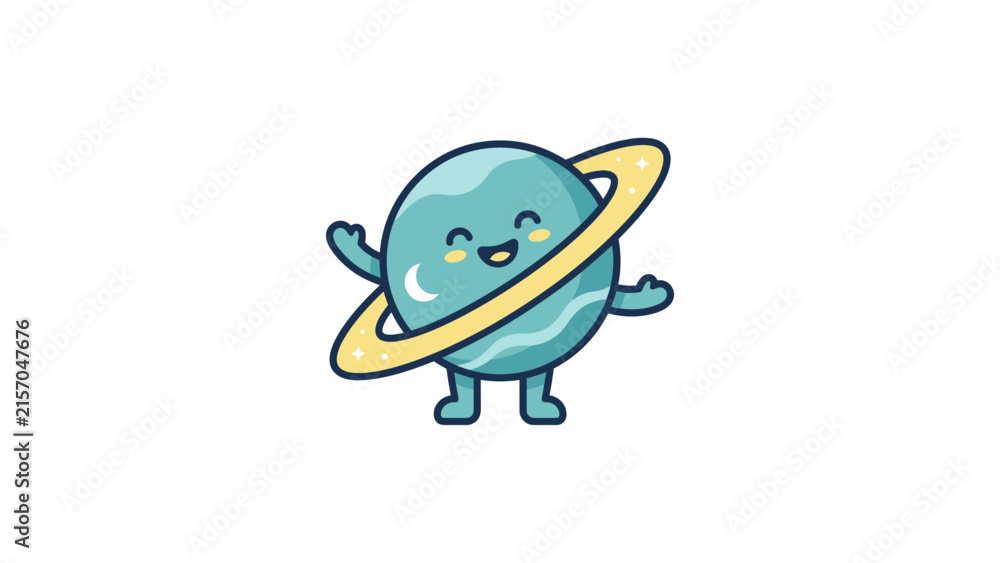 Obraz premium Smiling Saturn planet mascot waving with planetary rings.