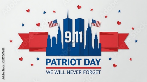 Patriot day skyline with 9.11 date and american flags between red ribbons commemorating usa remembrance for memorial events and national holidays.
