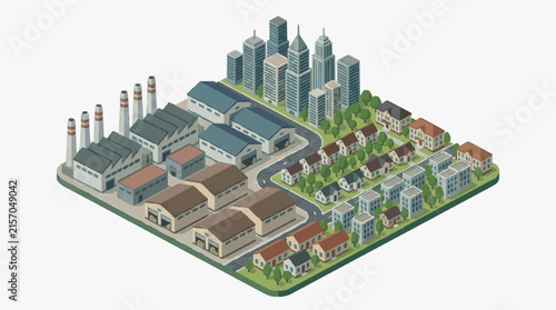 Minimalist Isometric of Industrial Factory Complex Adjacent to Residential Area and City Skyline