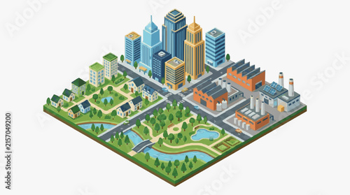 Dynamic Isometric Cityscape Featuring Skyscrapers Residential Homes Industrial Buildings and Green Spaces