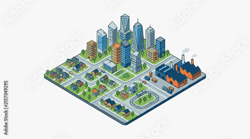 Industrial Cityscape Showing Residential Homes Skyscrapers Factories and Urban Infrastructure in Isometric View