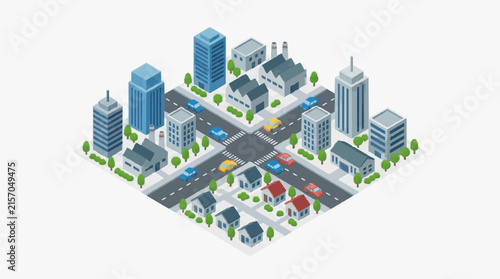 Creative Isometric of a Modern City Intersection with Vehicles Buildings and Trees in Blue Gray and Green