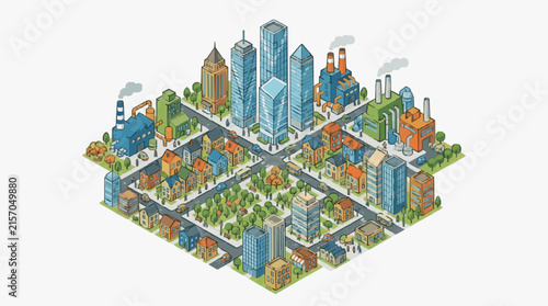 Corporate Isometric Cityscape Featuring Skyscrapers Factories Residential Homes and Green Spaces in Vibrant Blues Greens and Oranges