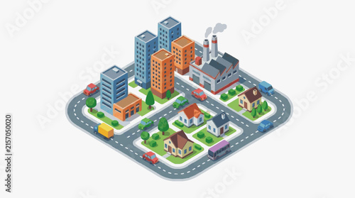 Sleek Isometric of a Modern Urban Neighborhood with Colorful Buildings Vehicles and Green Spaces