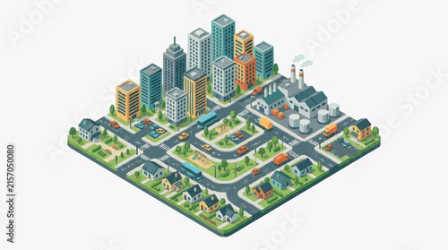 Clean Isometric of a Modern Urban Landscape with Residential Commercial and Industrial Buildings