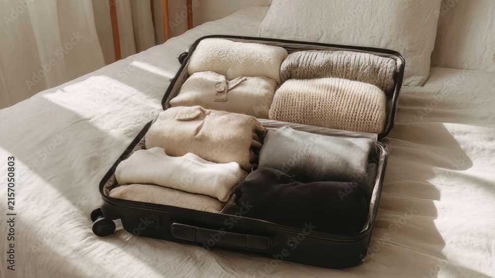 Fototapeta premium Minimalist open suitcase with neatly folded clothes on bed, organized travel luggage in neutral tones, aesthetic packing for vacation