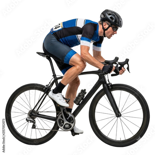 Professional male cyclist riding black racing bike while wearing blue jersey gear on transparent background