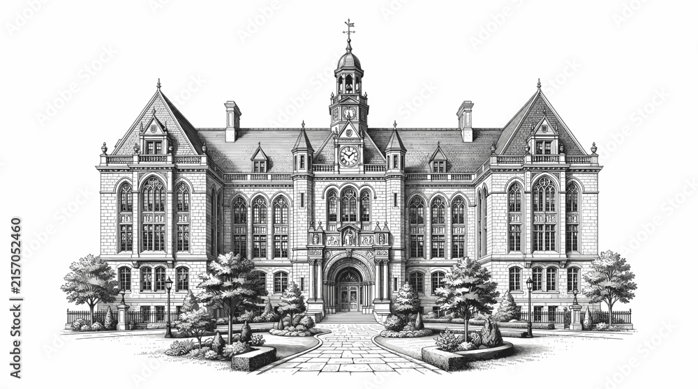 Obraz premium Detailed Architectural Ink Sketch of a Grand Gothic Revival University Building with Central Tower and Formal Gardens
