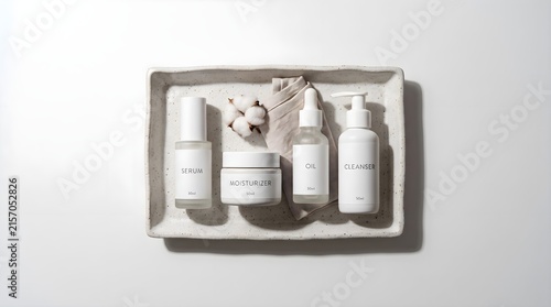 Flat Lay of Minimalist White Skincare Cosmetic Products on Ceramic Tray with White Background