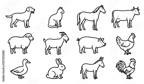 Farm and domestic animal outline linear vector icon set