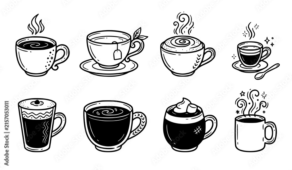 Obraz premium Hand drawn hot coffee tea cappuccino cup doodle vector set