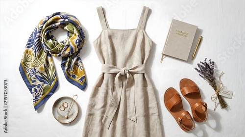 Flat Lay of Women's Sustainable Fashion Outfit with Linen Dress, Silk Scarf, Leather Sandals, and Accessories on White Background