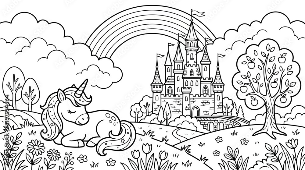 Fototapeta premium Cute Unicorn and Fairy Tale Castle Coloring Page for Kids