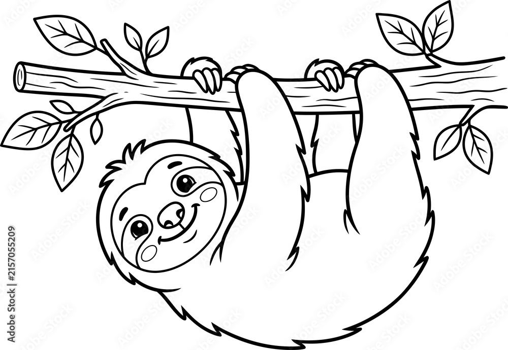 Naklejka premium Cute cartoon sloth hanging from a branch illustration isolated on transparent background