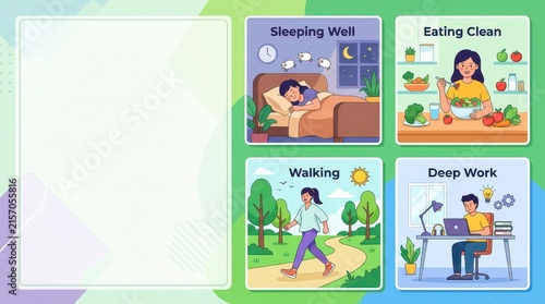 Wellness Lifestyle Illustration Depicting Daily Routines Including Sleeping, Nutrition, Walking and Deep Work Activities