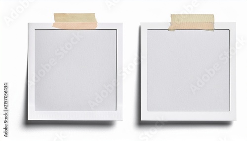 blank white polaroid photo frame with adhesive tape on top and bottom isolated white background for creative collage scrapbook or photo mockup design