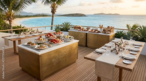 Luxury buffet breakfast served on a wooden terrace overlooking the tropical ocean beach. oceanfront catering arrangement