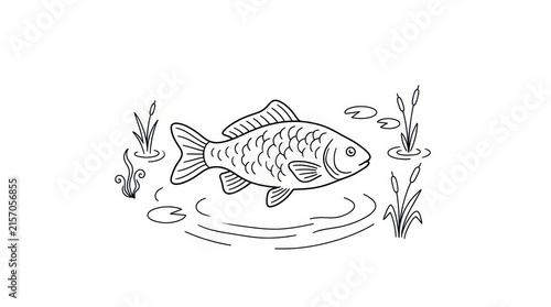 Illustration of a Koi Fish Swimming in a Tranquil Pond Surrounded by Aquatic Plants and Natural Elements
