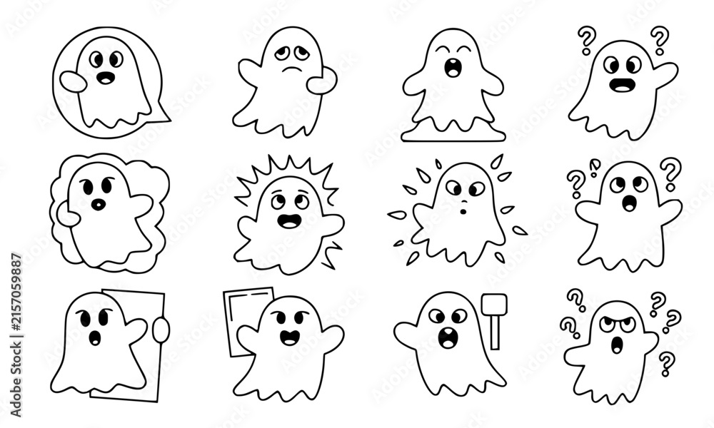 Obraz premium Cute Halloween ghost character line icon set featuring thin line outline symbol of friendly phantom in various emotions, poses, question marks, speech bubble, and signs vector illustration.
