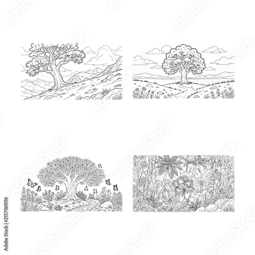 Detailed botanical illustration featuring trees foliage and butterflies on a white background leaves branches floral