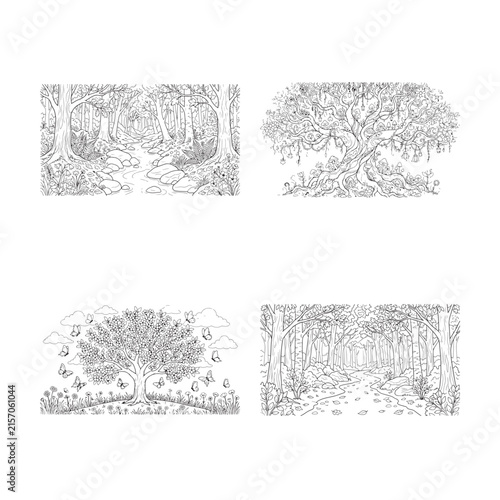 Detailed forest scenes and ornate trees are presented as black and white vector illustrations arboriculture